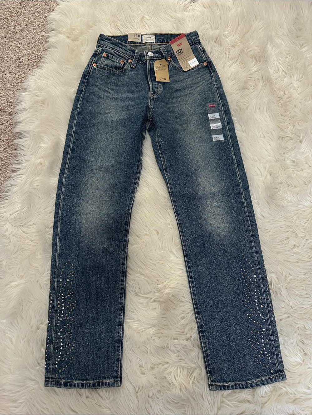 Levi's Women's Straight Leg Jeans in Dark Blue with Rhinestone Hem